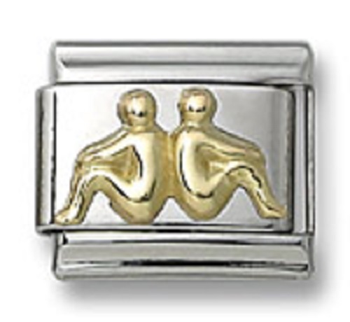 18K Italian Charm Horoscope Zodiac Gemini 9 mm Stainless Steel Modular Link