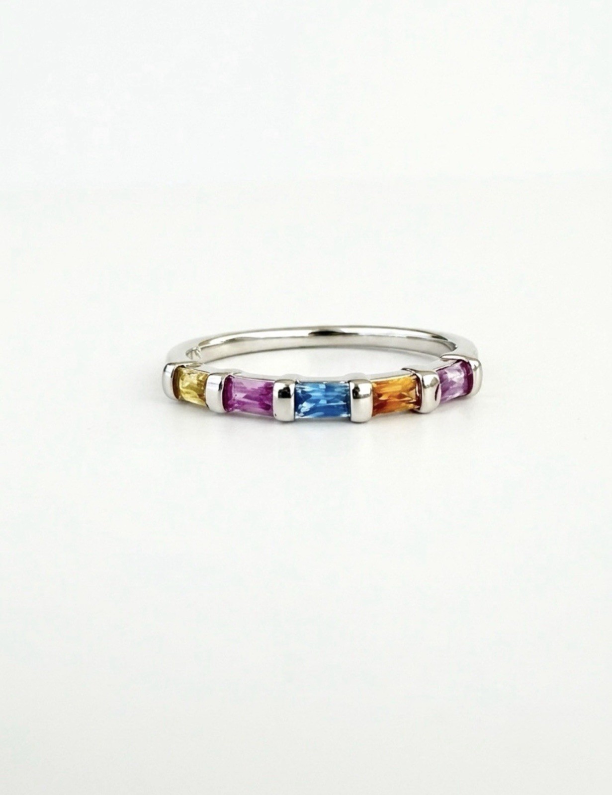 Platinum Plated Multicolor Baguette Crystal Ring | Silver Stackable Band Ring