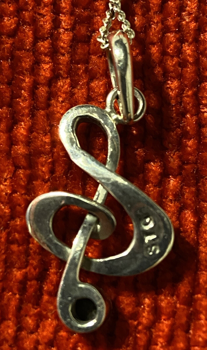 Silver Treble Clef Pendant With Opal Stone On A 16”/40cm Silver Chain.
