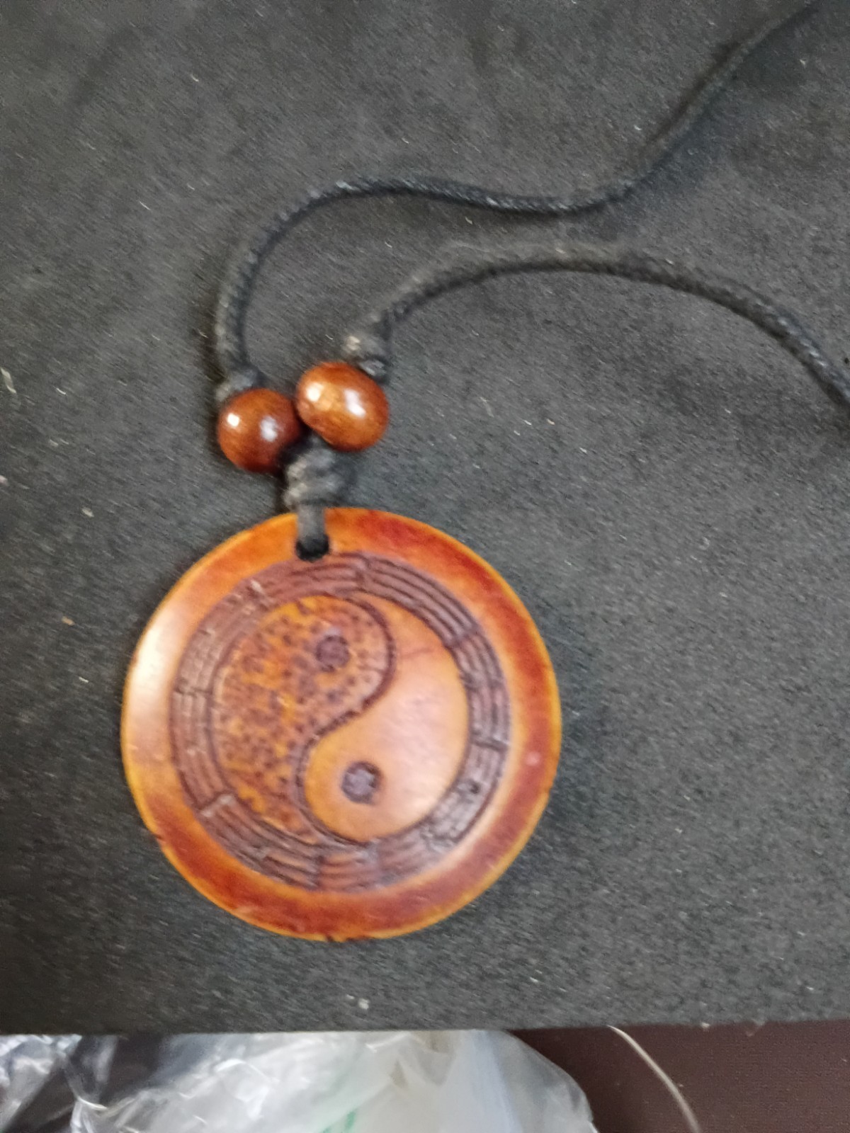 Yin Yang Round Wood Pendant Necklace Black Cord Brown Beads No Metal