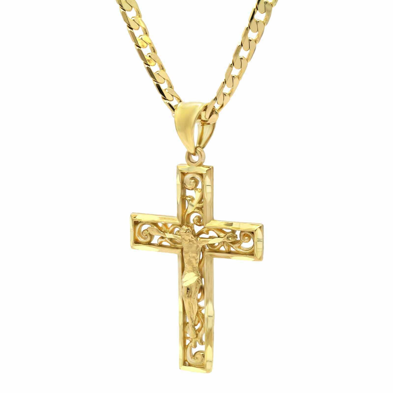 Mens 18k Gold Plated ” JESUS in Cross” Brass Pendant 6mm 24″ Cuban Chain
