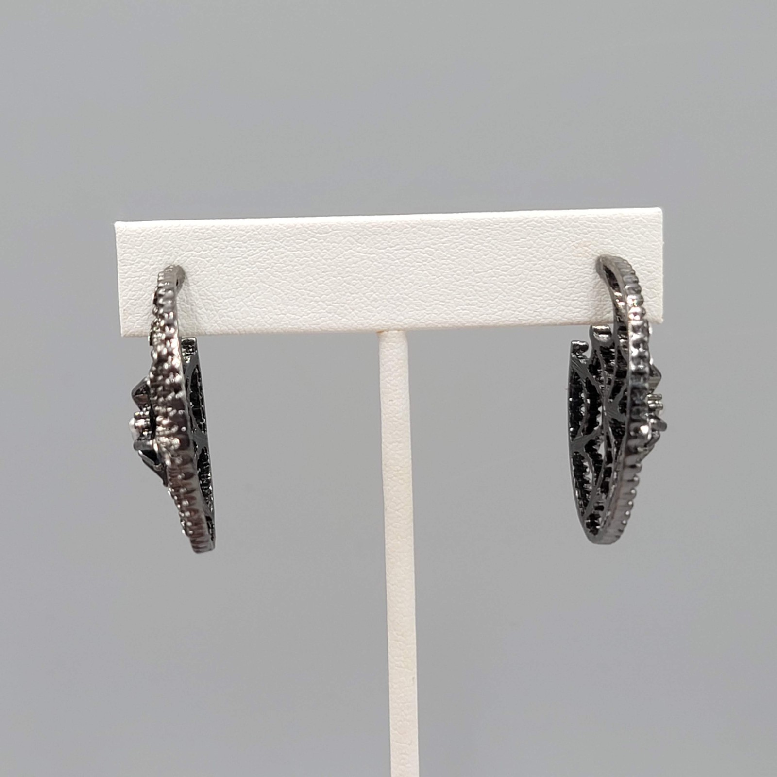 Spider Web Hoops Rhinestone Pierced Earrings Gunmetal Gray Dangle 1.25″