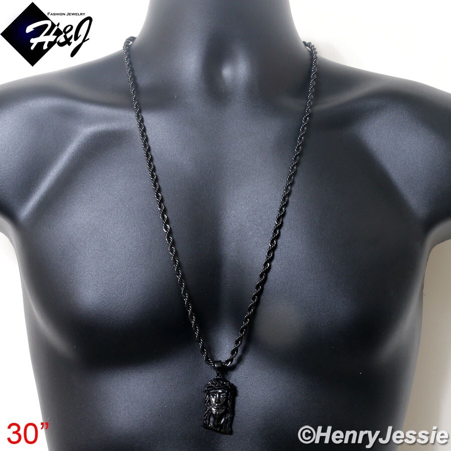 30″MEN Stainless Steel 5mm Black Plated Rope Chain ICY CZ Jesus Face Pendant*133