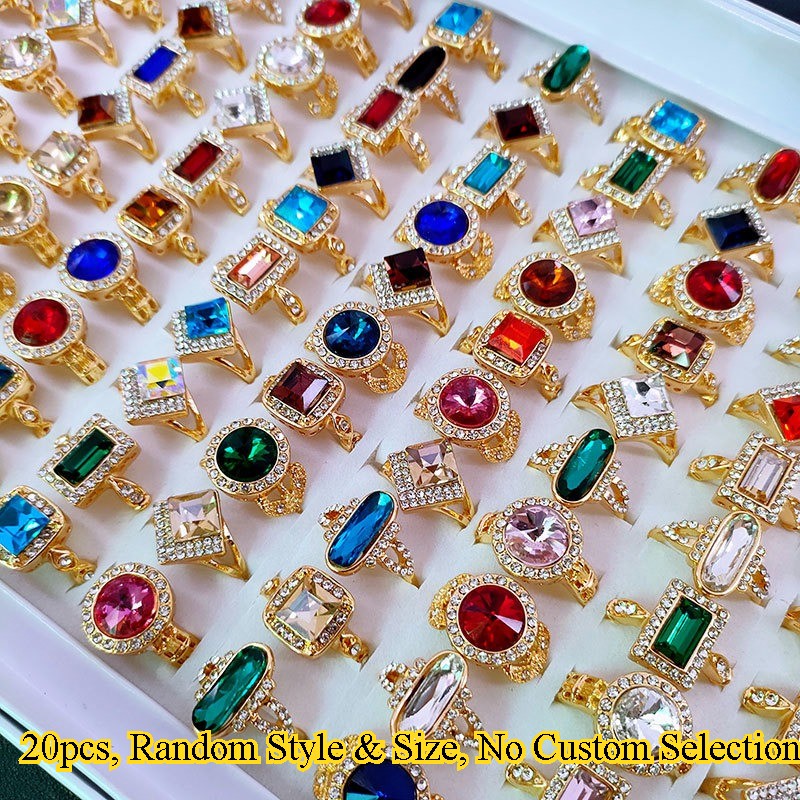 20 Pcs Lot Fashion KC Gold Crystal Ring Mixed Colorful Gemstone Jewelry