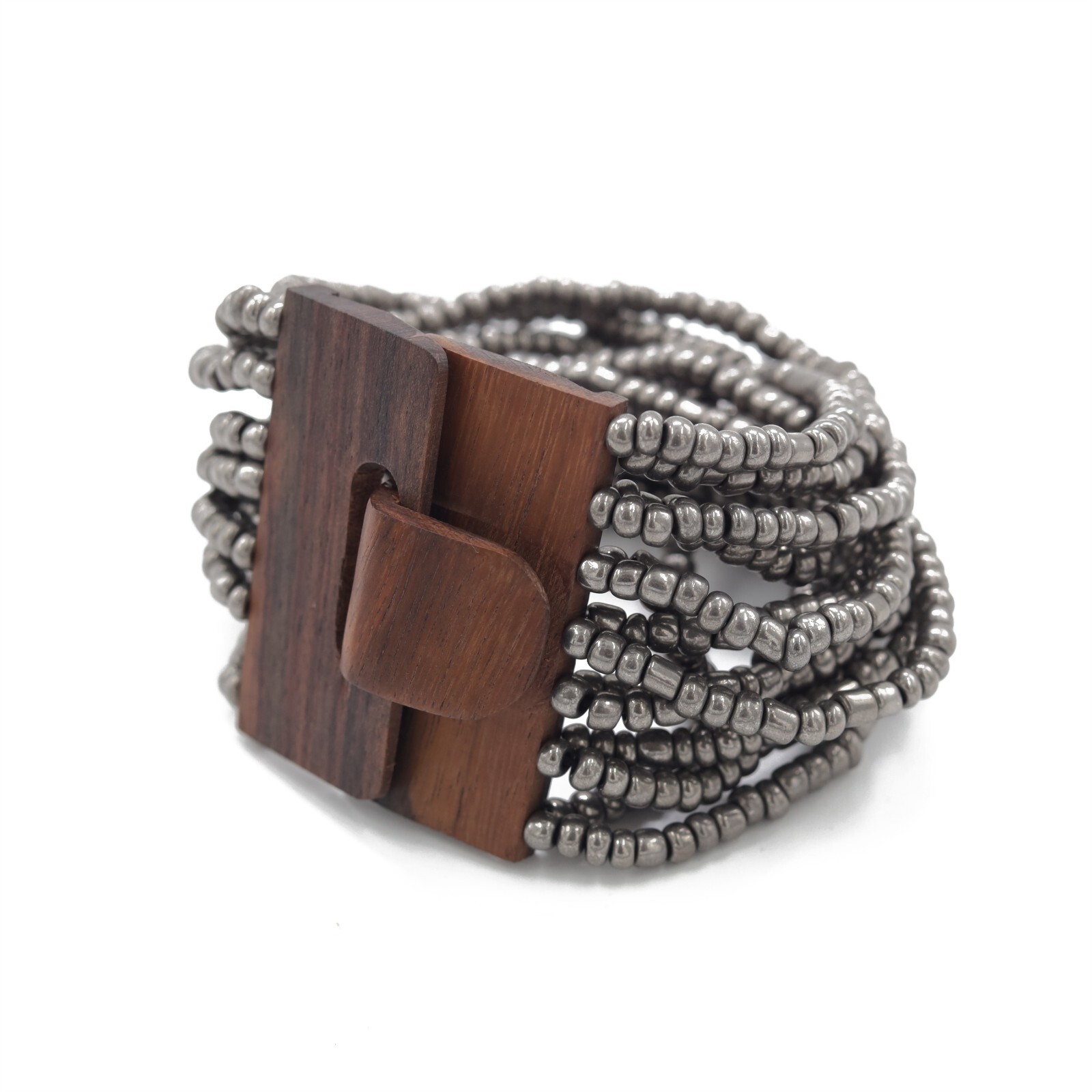 Silver Bali Bracelet with 14-Strand Elastic Glass Beads and Hardwood Clasp