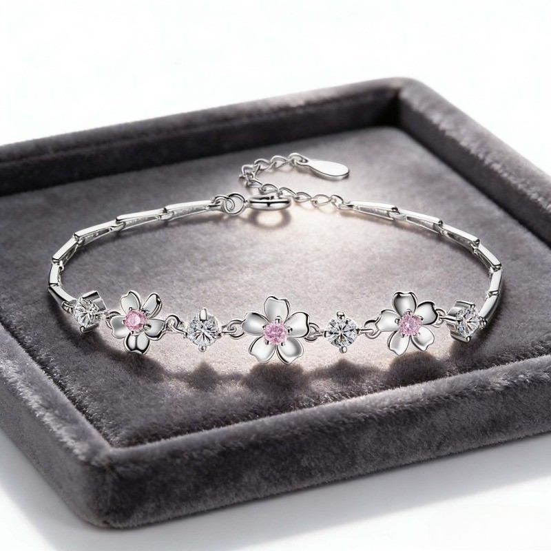 925 Silver Plated Cherry Blossom Pink Zircon Bracelet Women’s Sweet Bangle