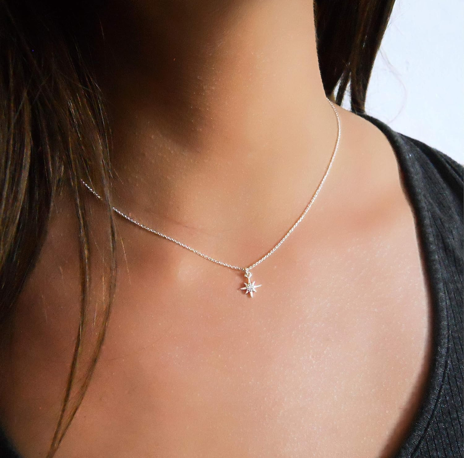 Star Necklace, Tiny Cubic Zirconia North-Star Pendant, 925 Sterling Silver Chain