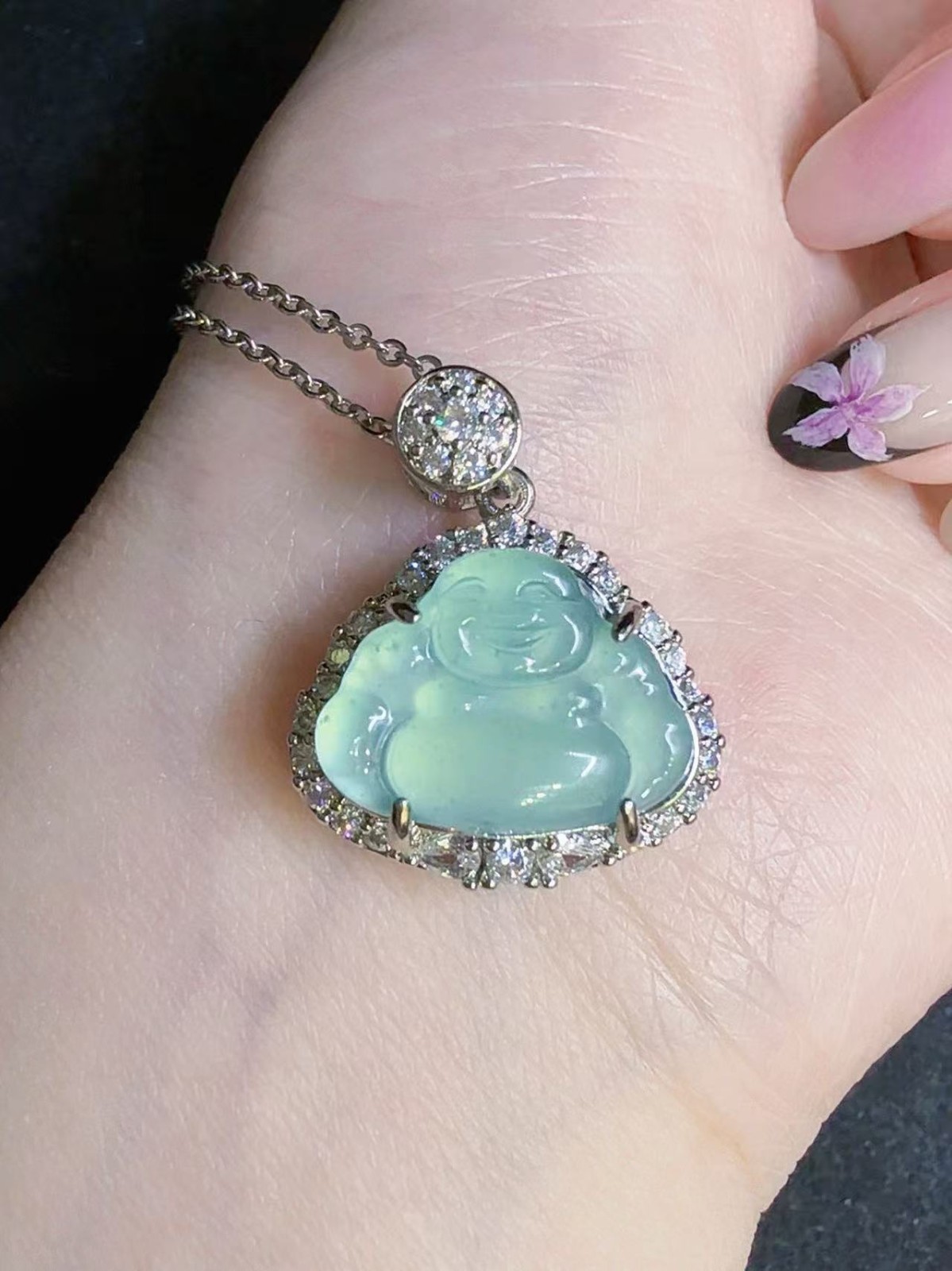 Natural jadeite sky blue Maitreya Buddha pendant