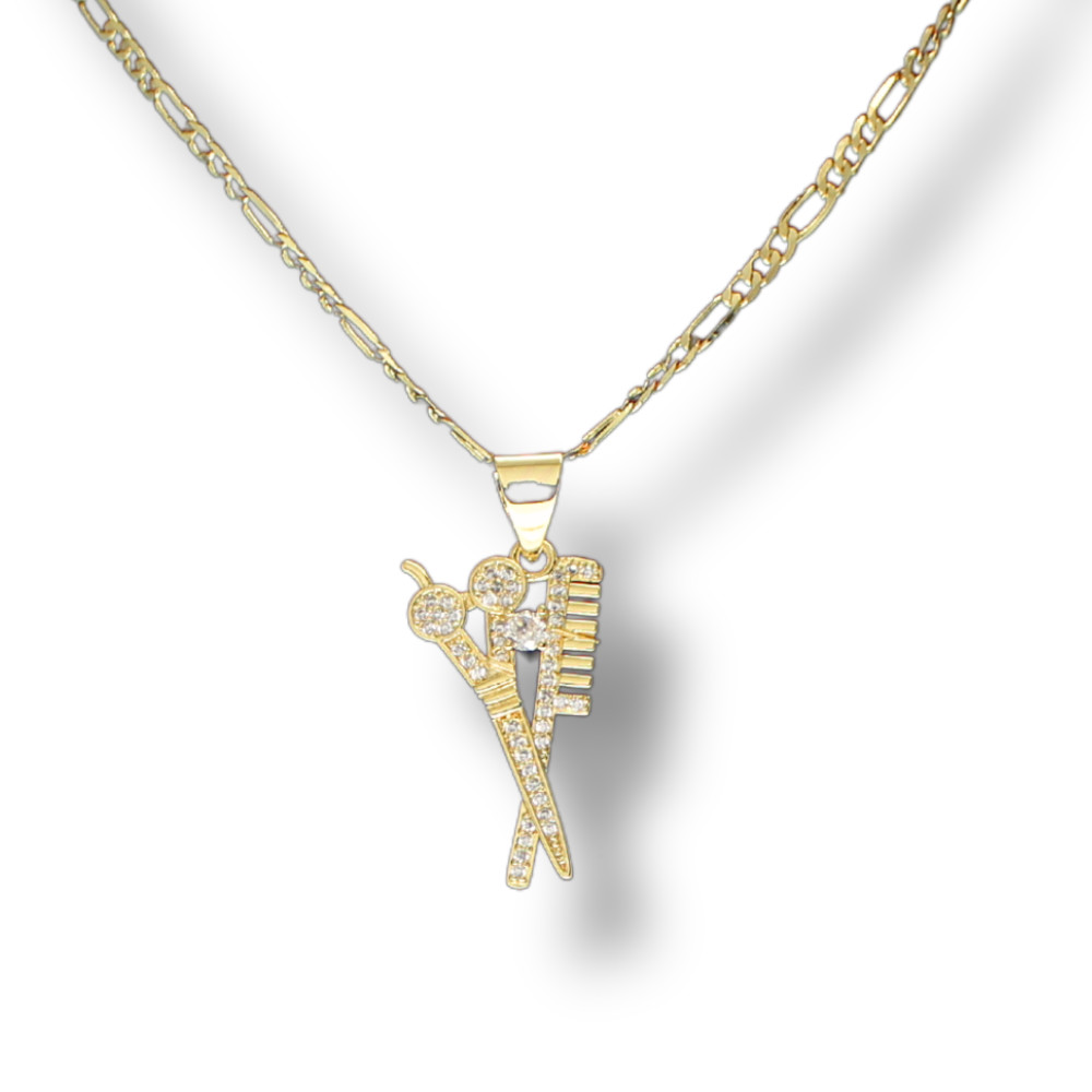 Barber Scissors iced Cz Pendant 14k Gold Plated 20″ Figaro Chain Mens Hip Hop
