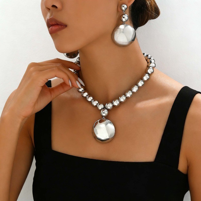 Women’s Exaggerated Large Round Bead Pendant Necklace Earring Set Acrylic