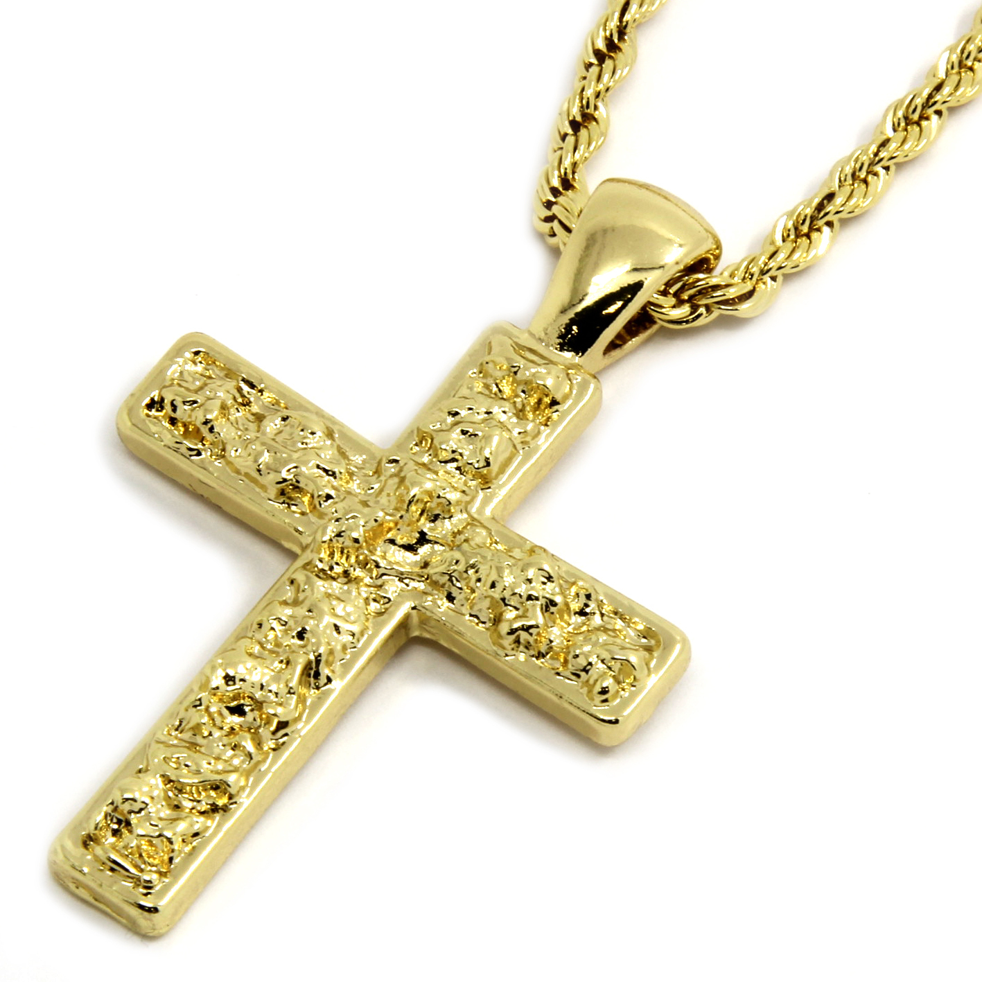 Mens 14K Gold Plated Nugget Cross Pendant Hip-Hop 3mm/24″ Rope Chain