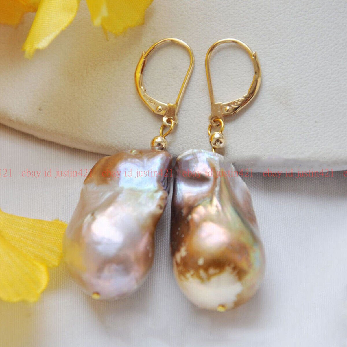 15-20mm Natural Purple Baroque Keshi Reborn Pearl Dangle Gold Leverback Earrings