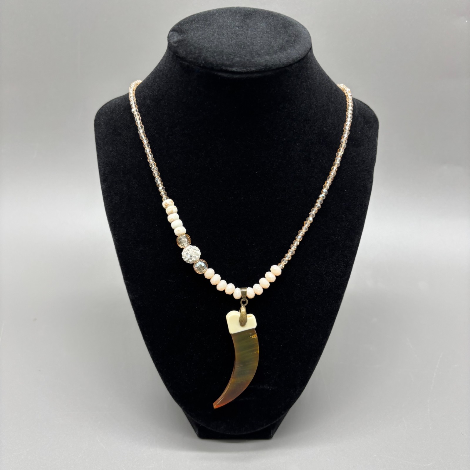 Lenora Dame Horn & Bone Claw Pendant Necklace Faceted Pink Glass Beads 18KGP USA