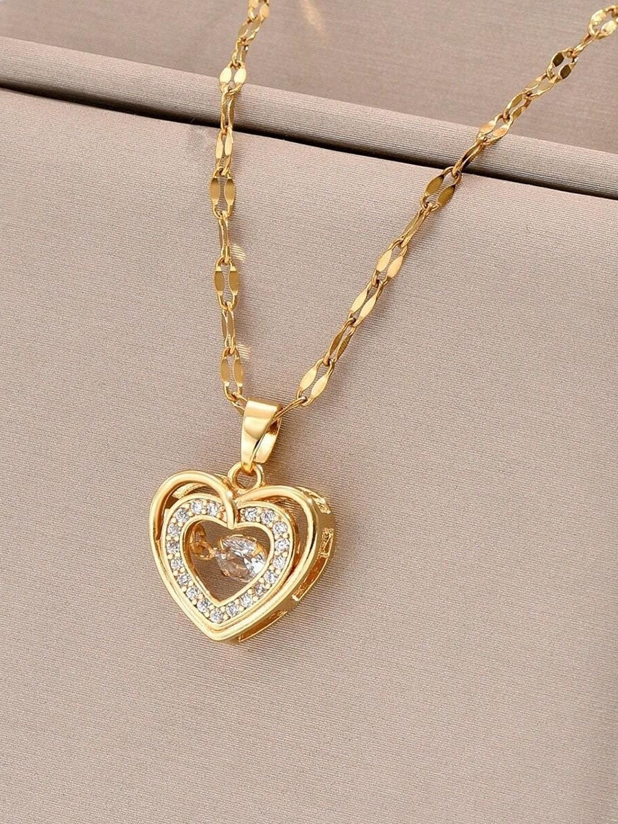 Gold Heart Necklace Movable CZ Pendant Stainless Steel Women Jewelry Gift