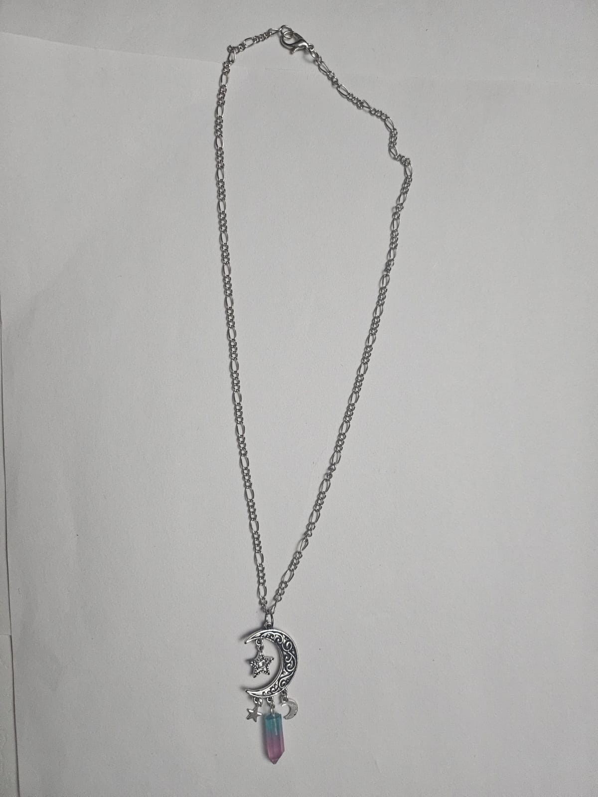 ​Silver Celestial Moon Star Necklace with Blue Purple Crystal Prism