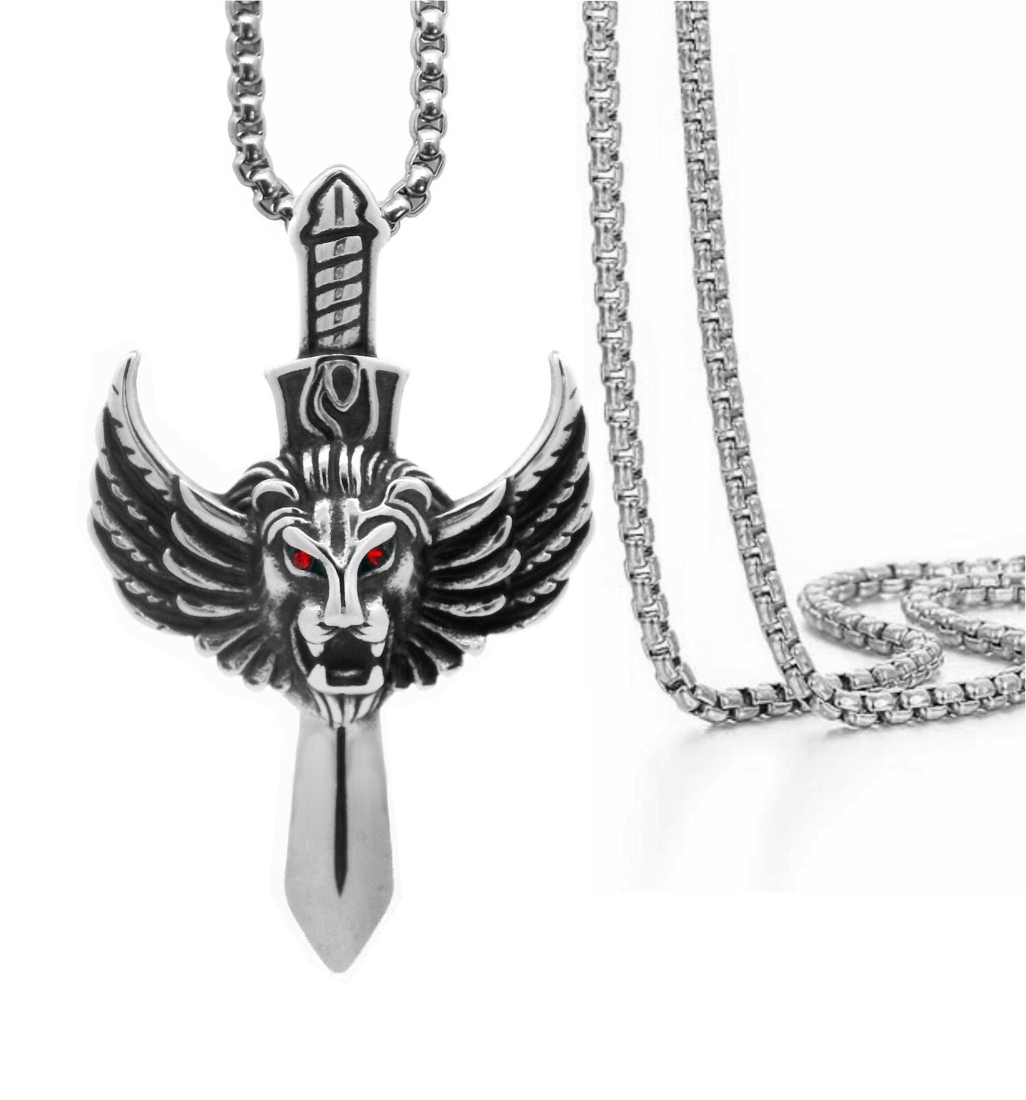 Tioneer Winged Lion Blade Steel Pendant 24 inch Box Chain