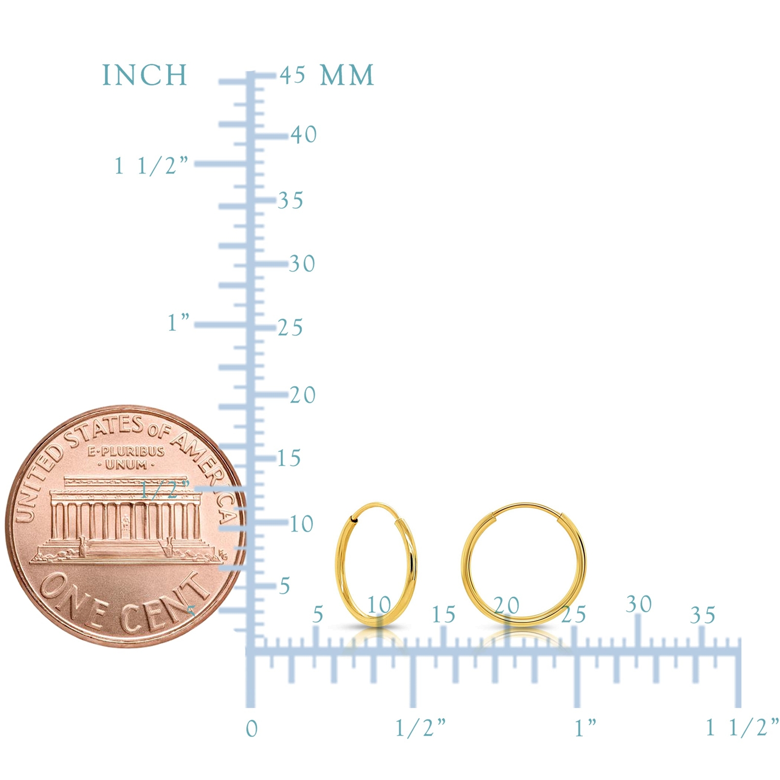 10k Yellow Gold Shiny Endless Round Hoop Earrings, Diameter 10mm