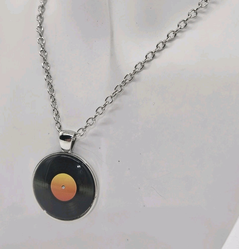 Music Record Pendant Necklace – Music Themed Jewelry – Silver Tone Disc & Chain