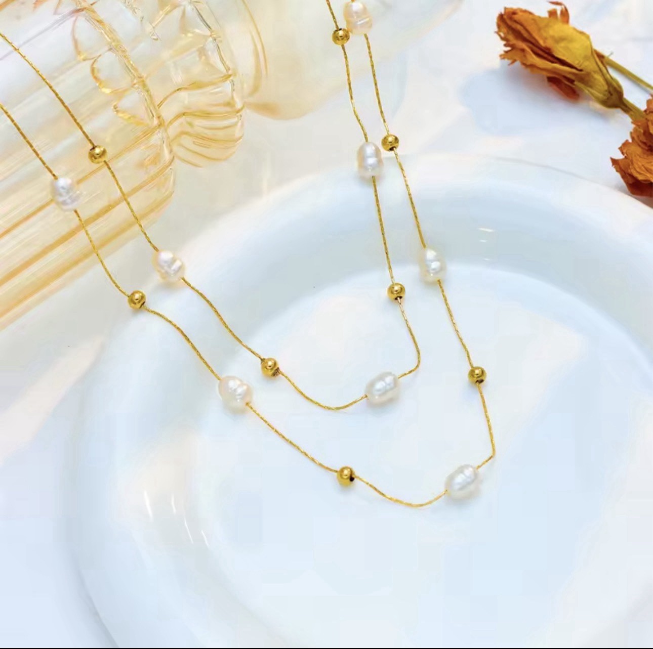 Layered Gold Plated Necklace with Baroque Pearls, Beaded Design, 40+5cm & 46+5cm
