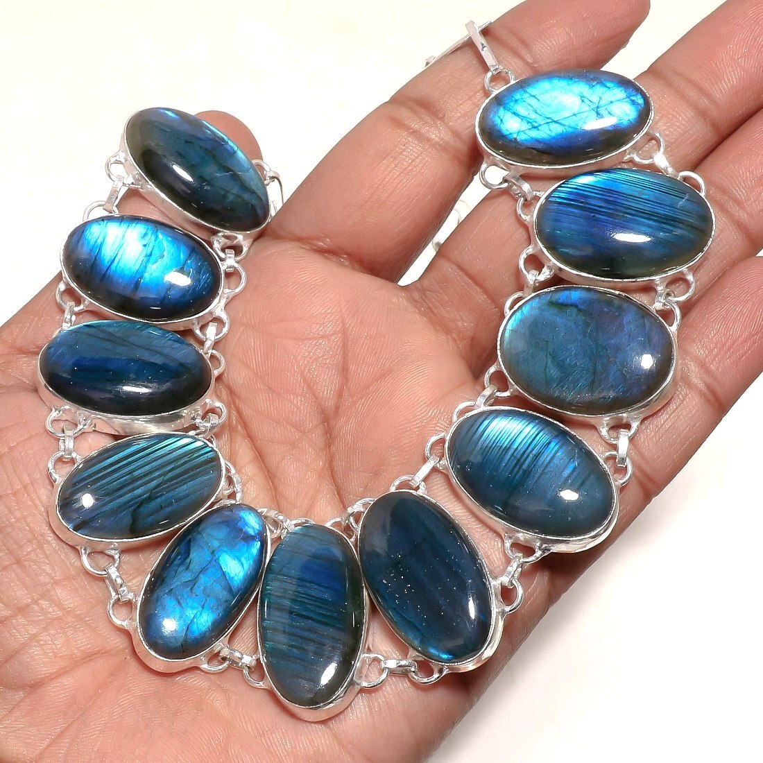 Blue Fire Labradorite Gemstone Necklace Handmade Oval Shape Jewelry 18″ AB 617