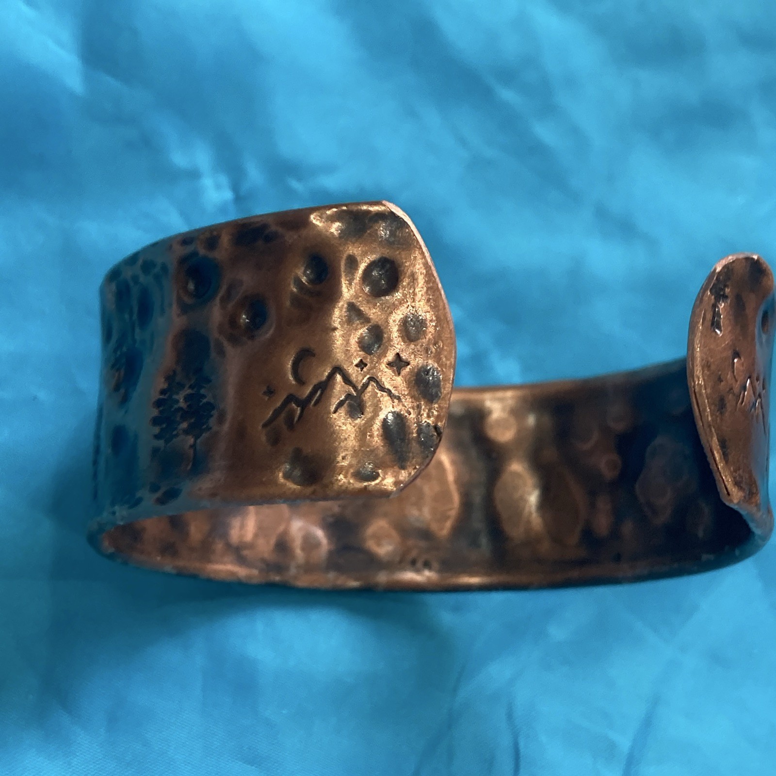 Wide hammered nature trees and mountains Copper Open Cuff Bracelet, Adjustable