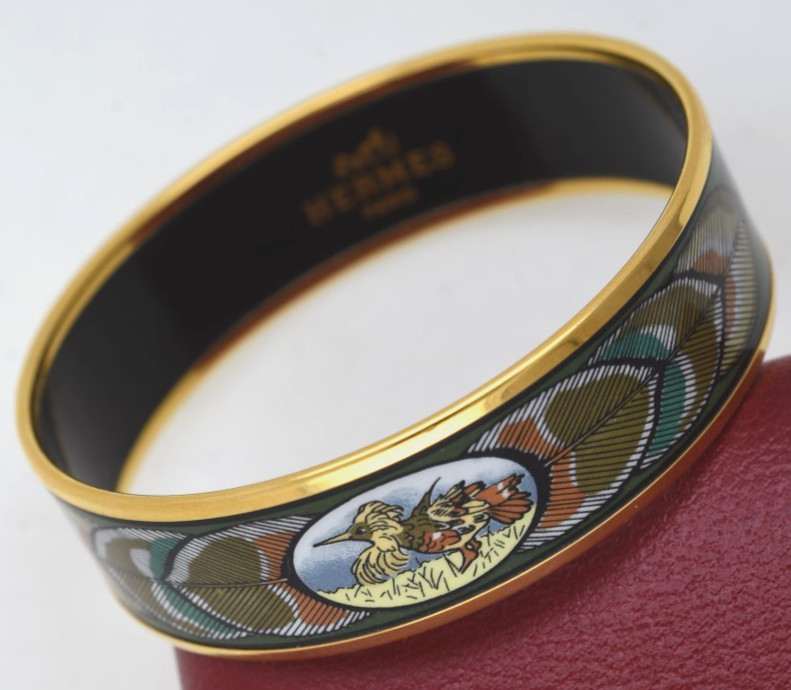 Hermes Enamel Bangle Bracelet EXCELLENT Bird Motif Paris