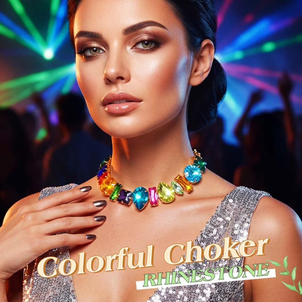 JEAIRTS Colorful Crystal Choker Necklace Rainbow Rhinestone Statement Collar …