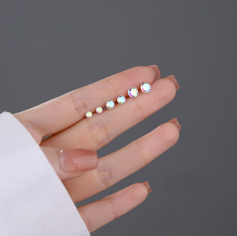 S925 Sterling Silver Tiny AB Crystal Round Girl Women Stud Post Earrings 3/4/5mm