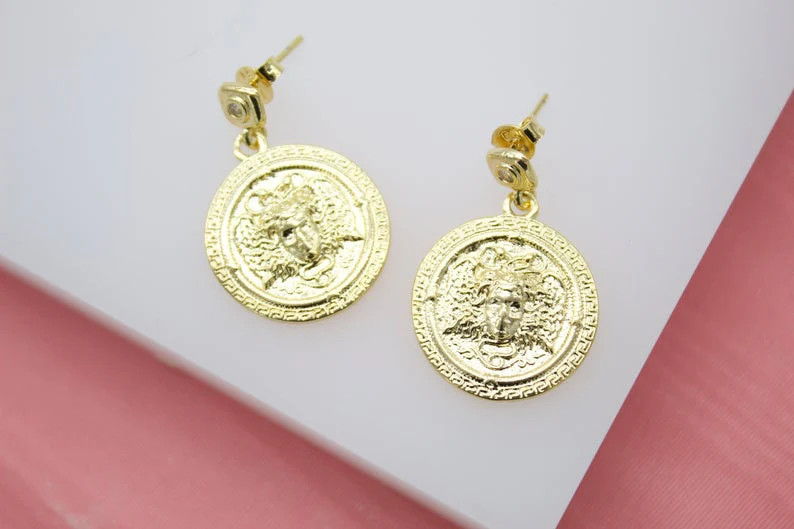 18K Gold Filled Medusa Dangle Charm Stud Earrings (K179)