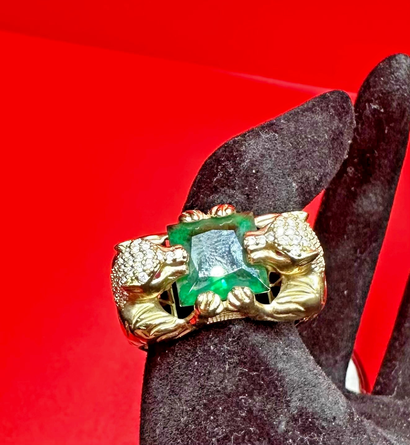 10K Double Panther Head Ring With Green Topaz Stone