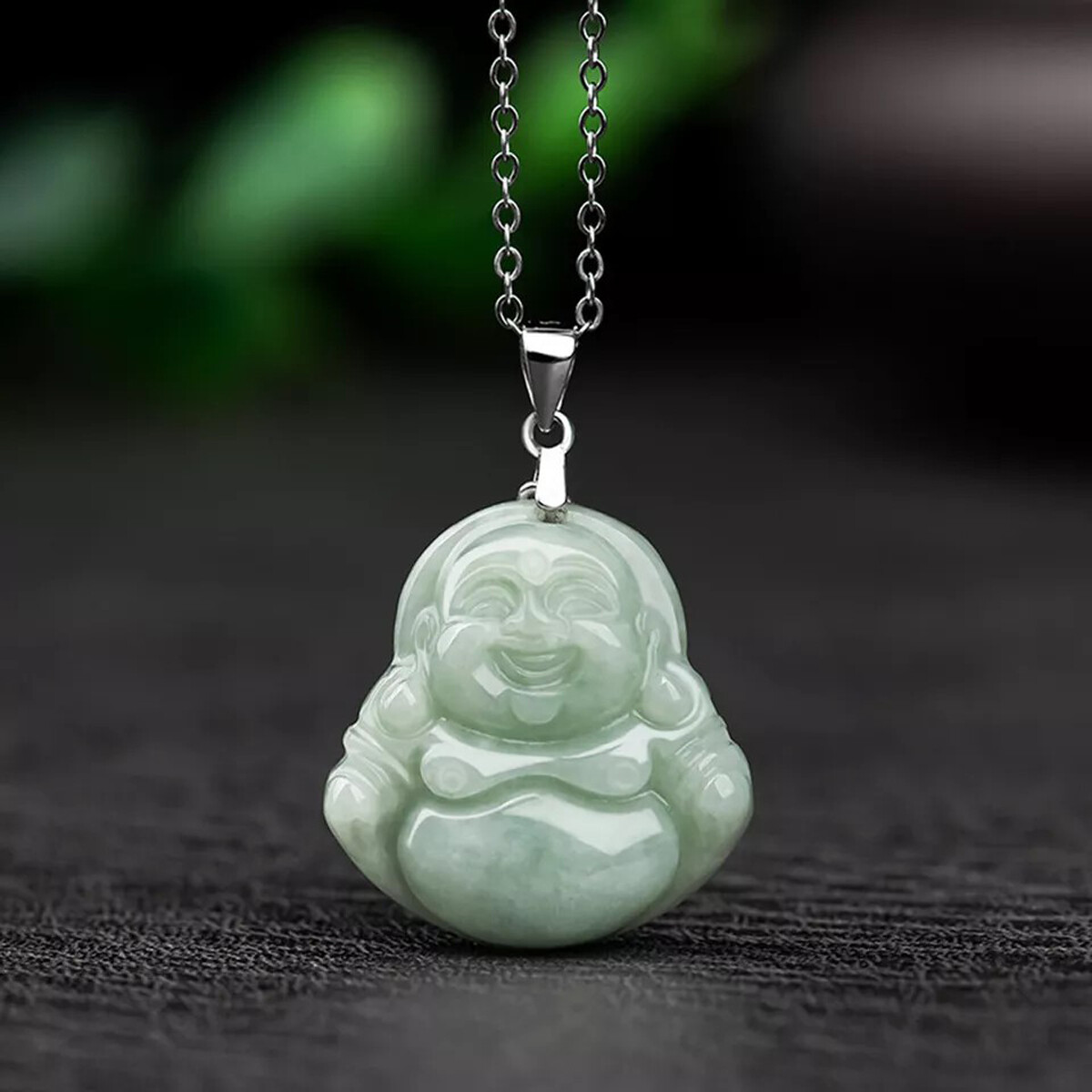 Natural Jadeite Green Jade Handcarve Maitreya Buddha Pendant Necklace Link Chain