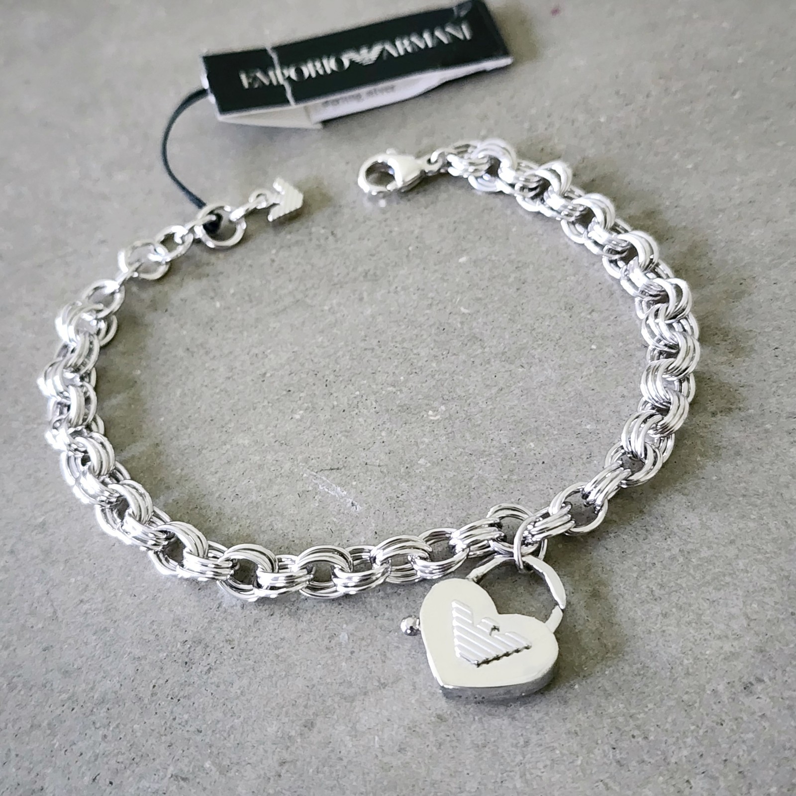 Authentic New in Box Emporio Armani Heart Lock Charm Silver Bracelet EG2474