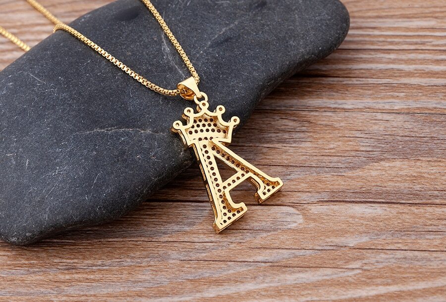 Hip Hop Fashion Jewelry Gold CZ Crown Letter Initial Pendant Necklace 1-165