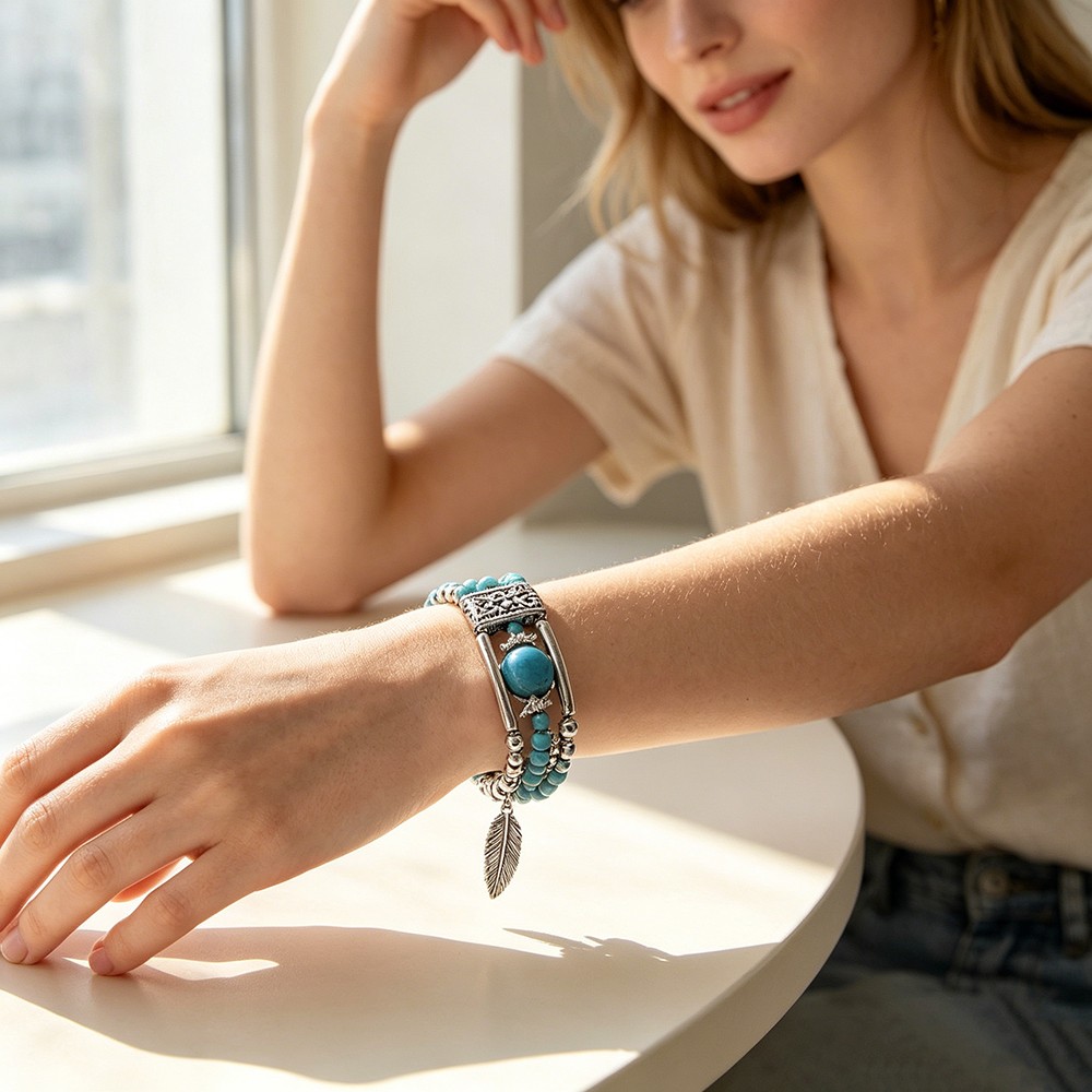 Unisex Bohemian Turquoise Beaded Bracelet Vintage Style Cuff Wrist Accessory