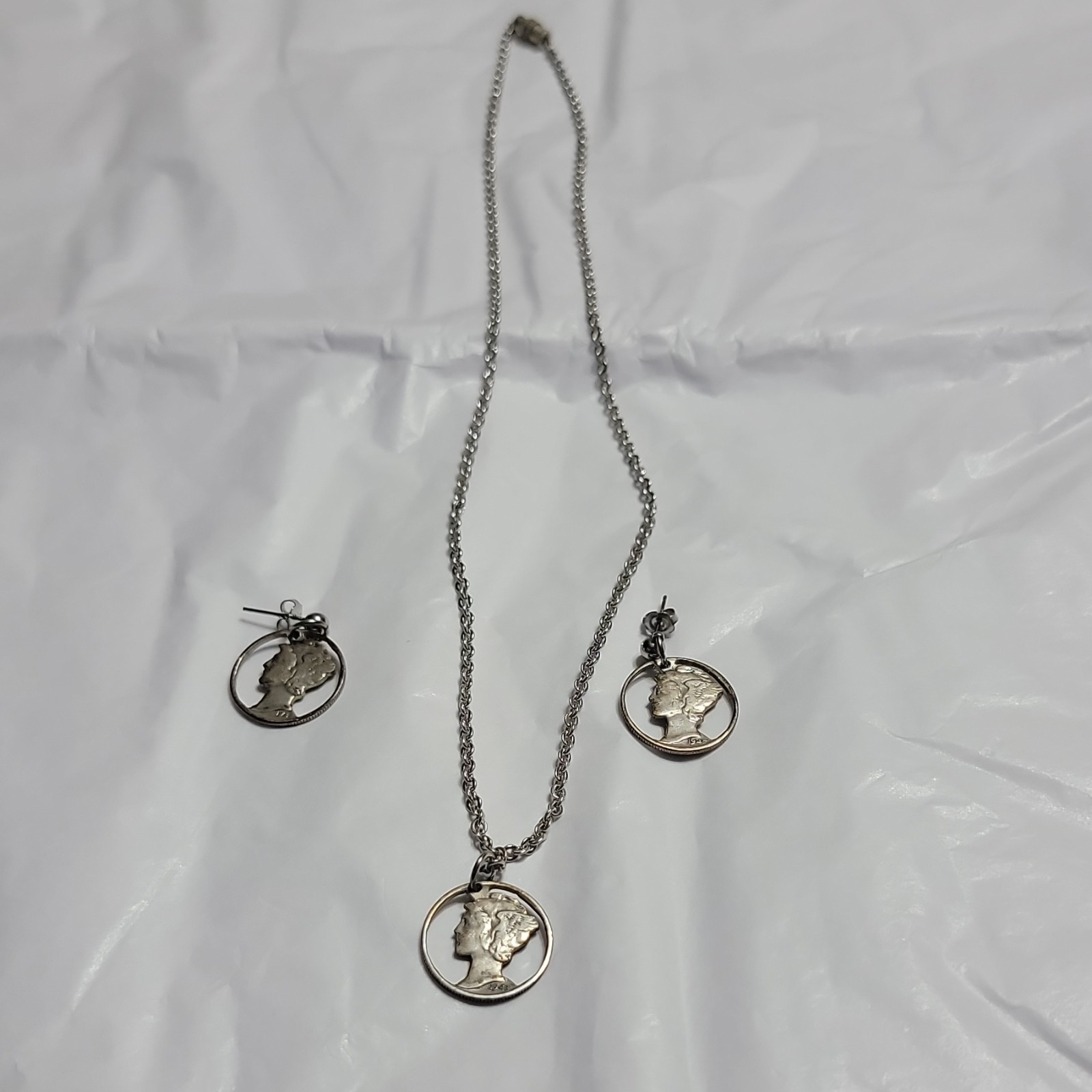 Vintage 1942 Mercury Dime Hand Cut Coin Sterling Silver Necklace & Earrings Set