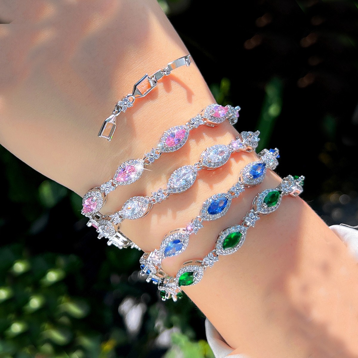 Silver Plated Green Marquise Cubic Zirconia Flower Link Chain Bracelet for Women