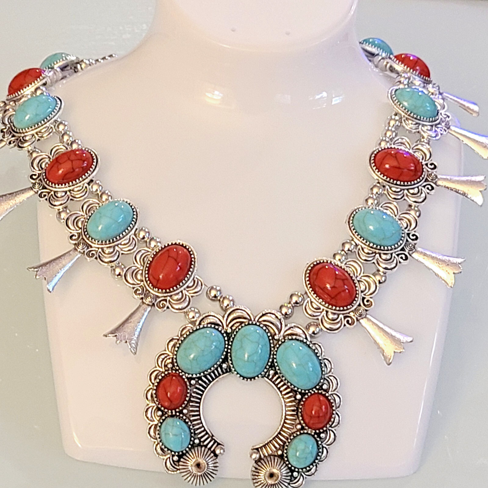 BIG RED AND BLUE FAUX TURQUOISE SQUASH BLOSSOM HUGE NECKLACE 23 INCH 2 1/2 IN