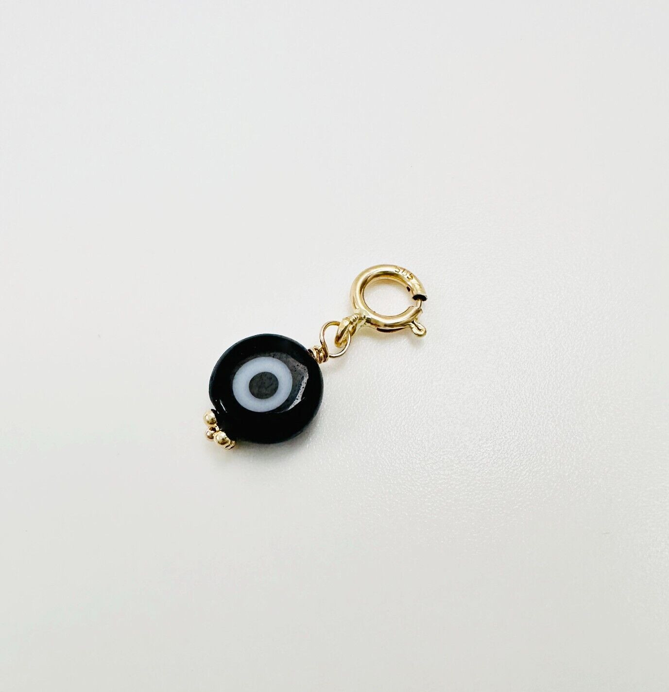 14K Solid Yellow Gold Millefiori Glass Black Evil Eye Charm Pendant Spring Clasp