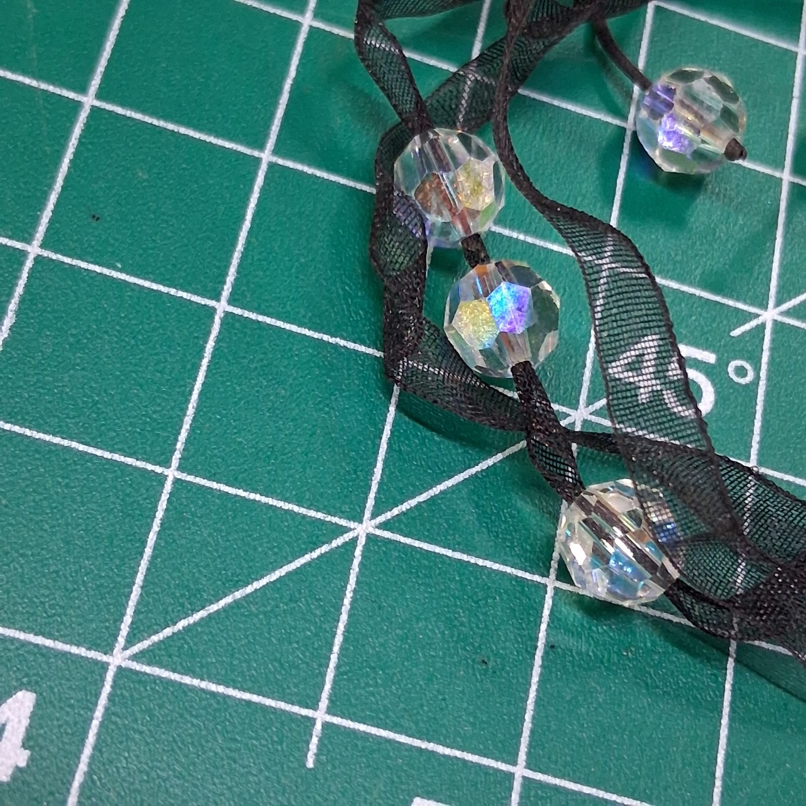 Vintage 3-Tier Clear Faceted AB Rhinestone Bead Black Sheer Ribbon Bracelet