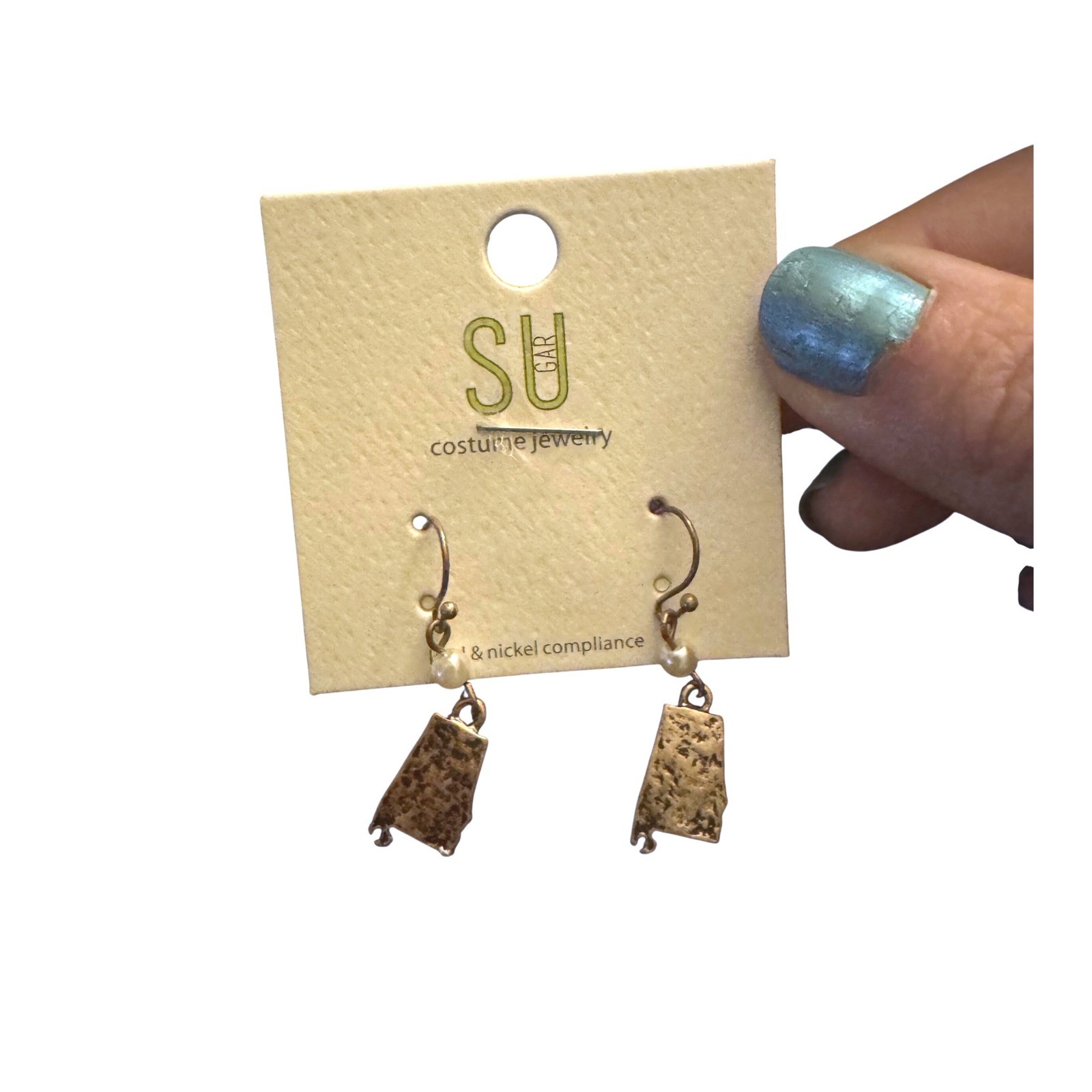 NWT Sugar Costume Jewelry Alabama State Map Hammered Gold Tone Dangle Earrings