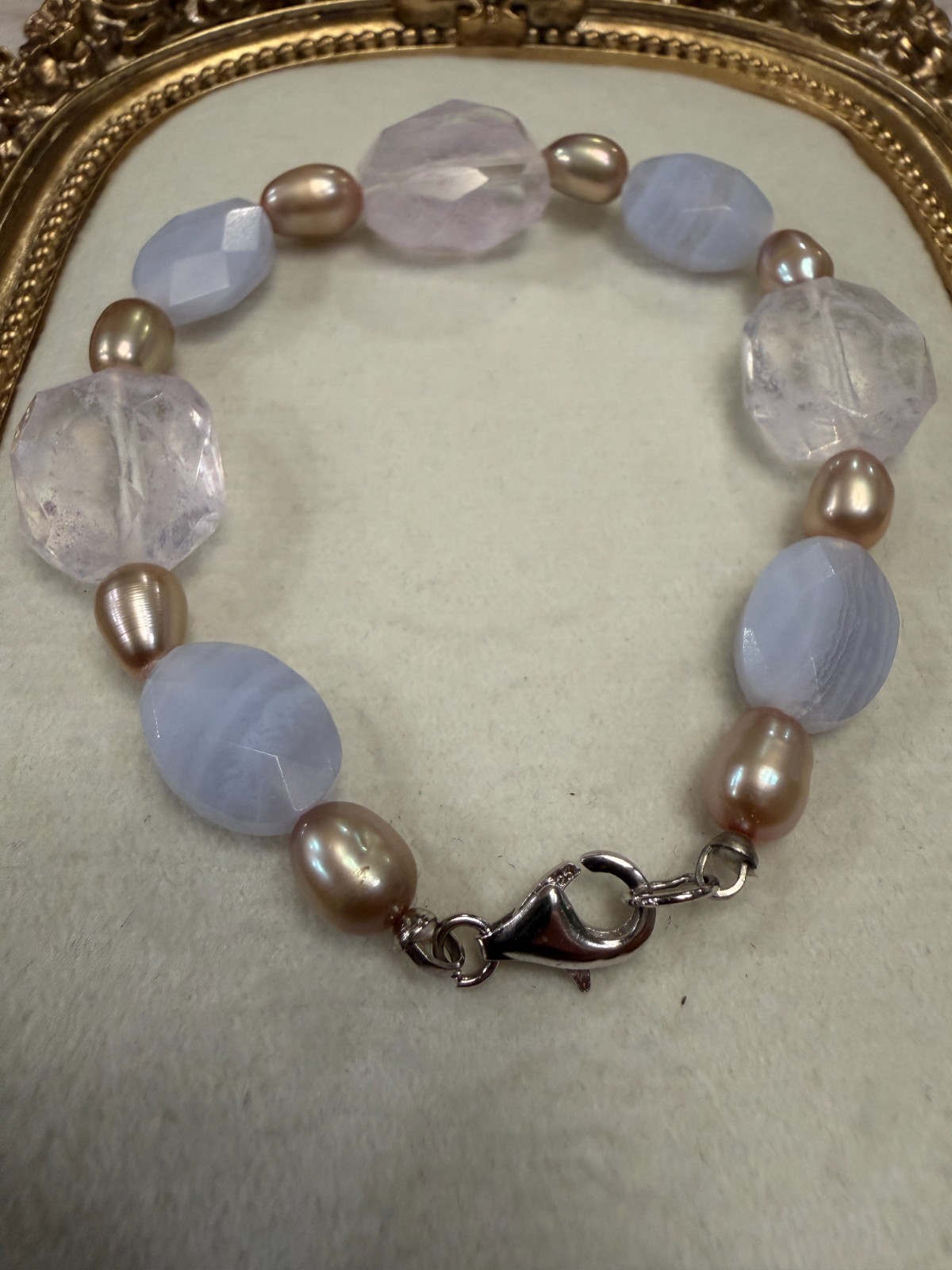 Artisan Made Blue Lace Agate and Phantom Quartz with Glass Pearls Bracelet – 8″