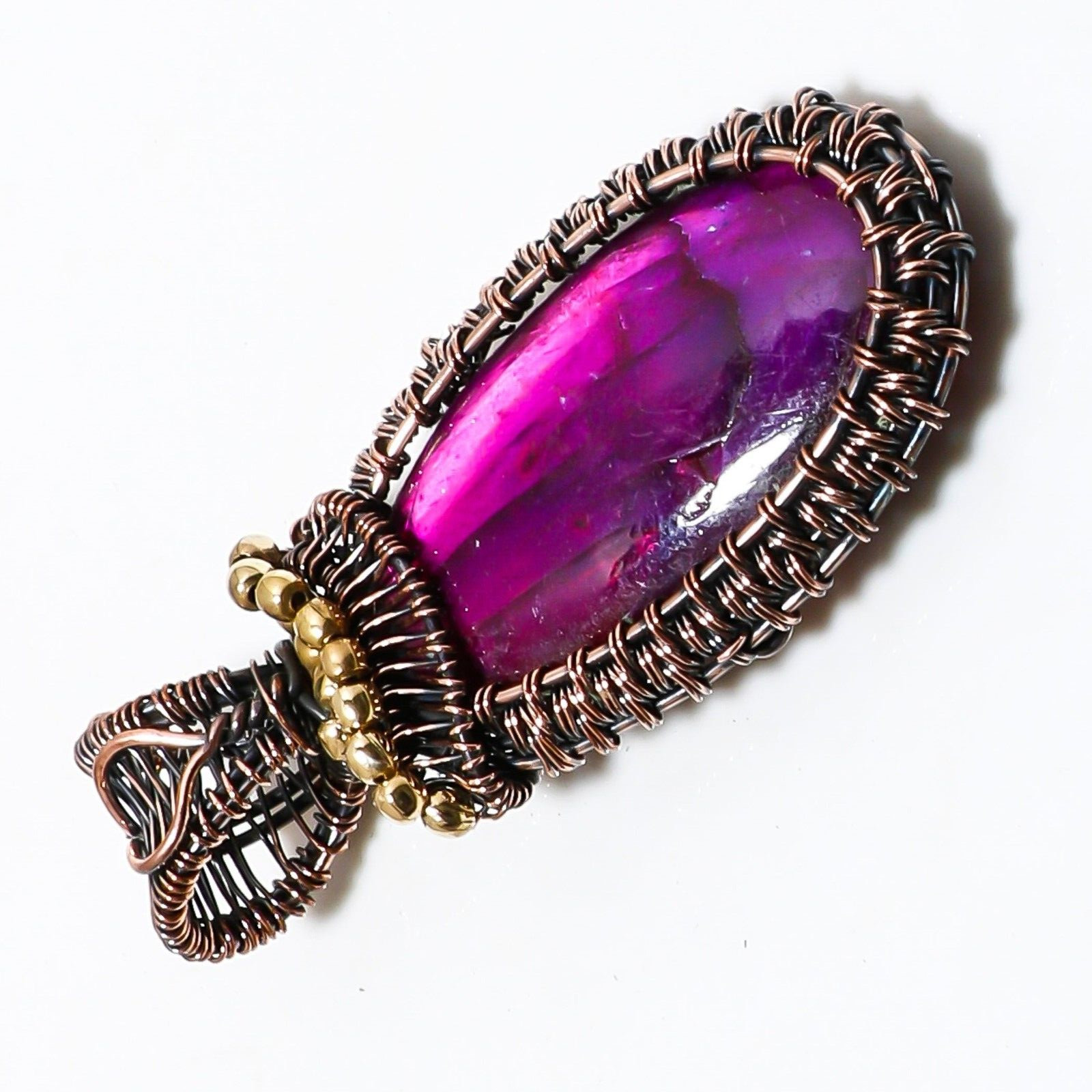 Wire Warp Copper Pink Fire Labradorite Gemstone Pendant Jewelry Size 3 Inches