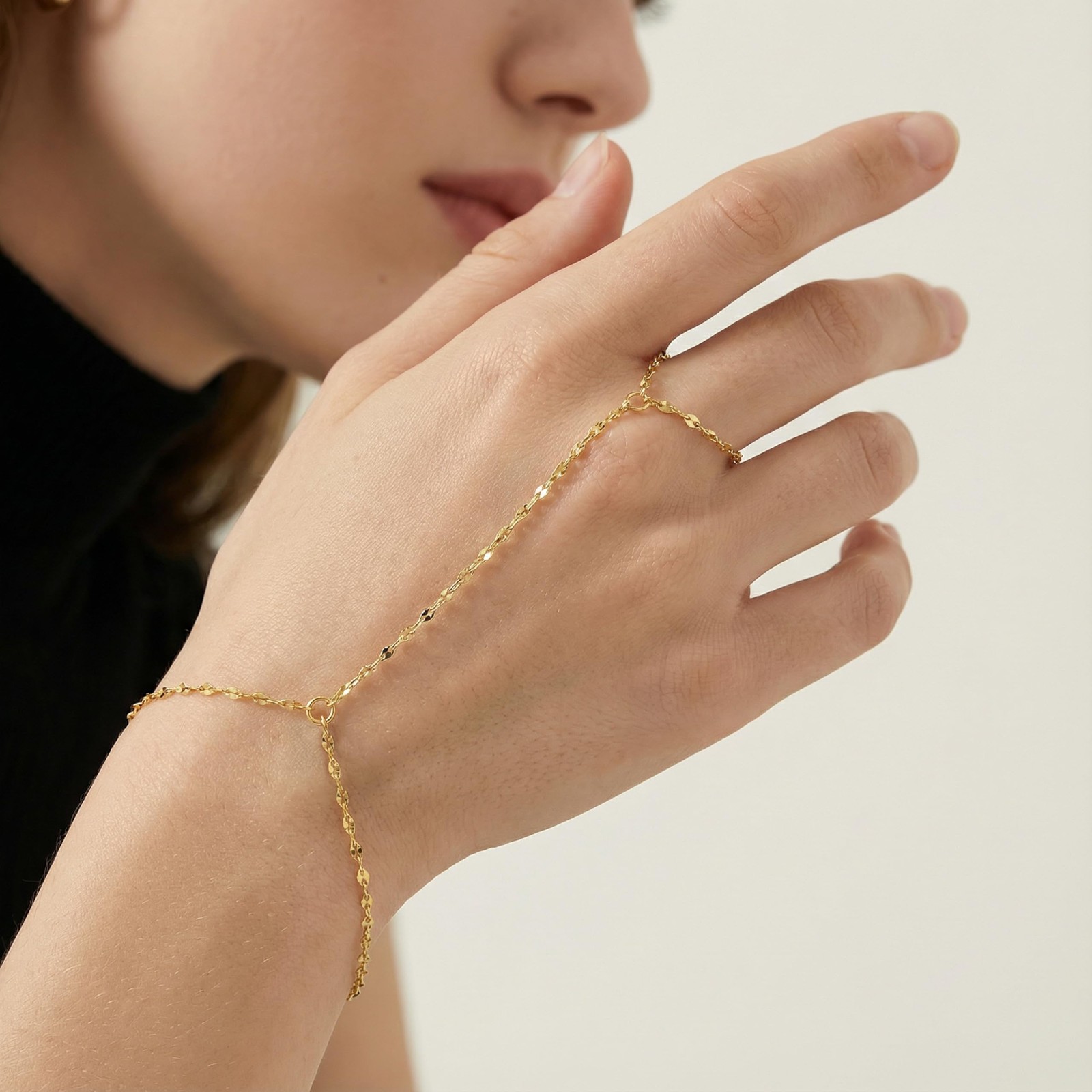 14K Gold Bracelets for Women 14K Gold Hand Chain for Women Rings Bracelet Han…