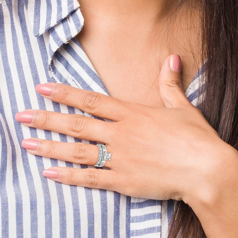Sterling Silver Rhodium-Plated CZ 2 Piece Wedding Ring Set
