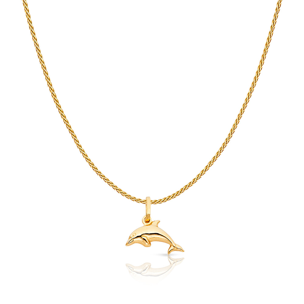 14K Yellow Gold Dolphin Prosperity Charm Pendant & 0.9mm Wheat Chain Necklace