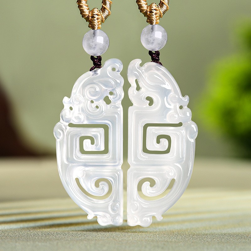 Certified 1 Pair Real Grade A Natural White chalcedony Men Women Dragon Pendant