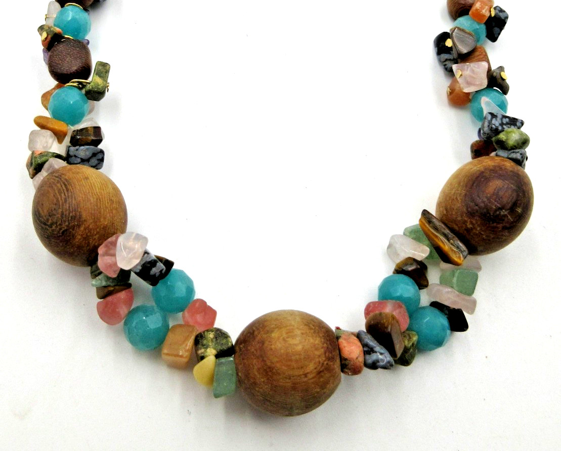 MODERN 21.5″ Colorful pink blue purple gold tone brown wood bead strand Necklace