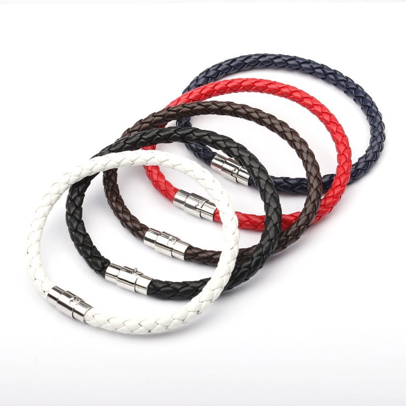 Unisex Women Men Braided Leather Steel Magnetic Clasp Bracelet Handmade Jewelry