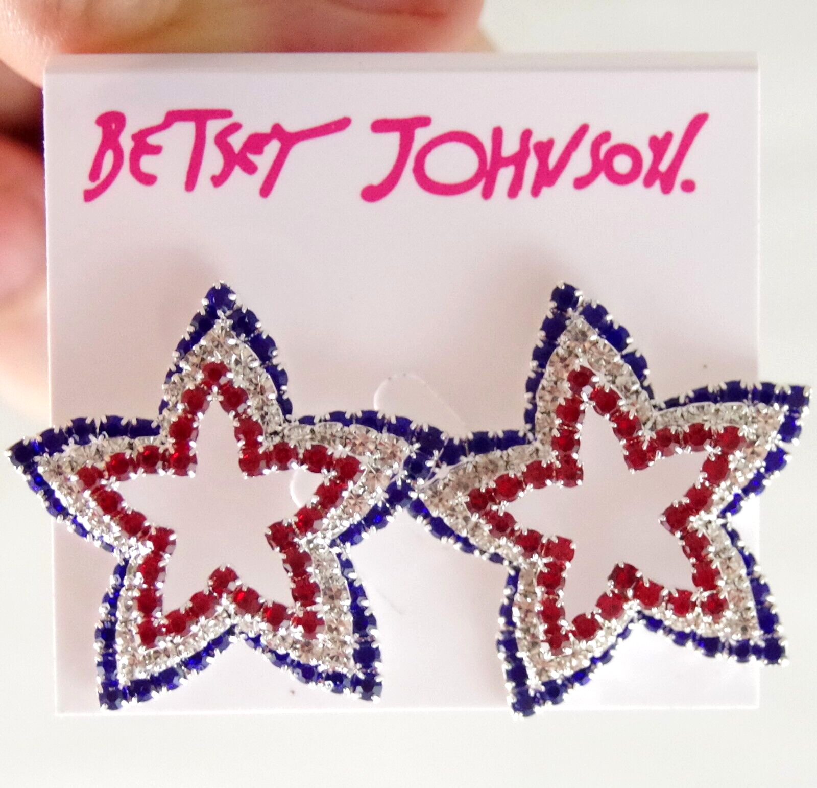 Prong-Set Rhinestones! 1.25″ NEW BETSEY JOHNSON PATRIOTIC TIERED STAR EARRINGS