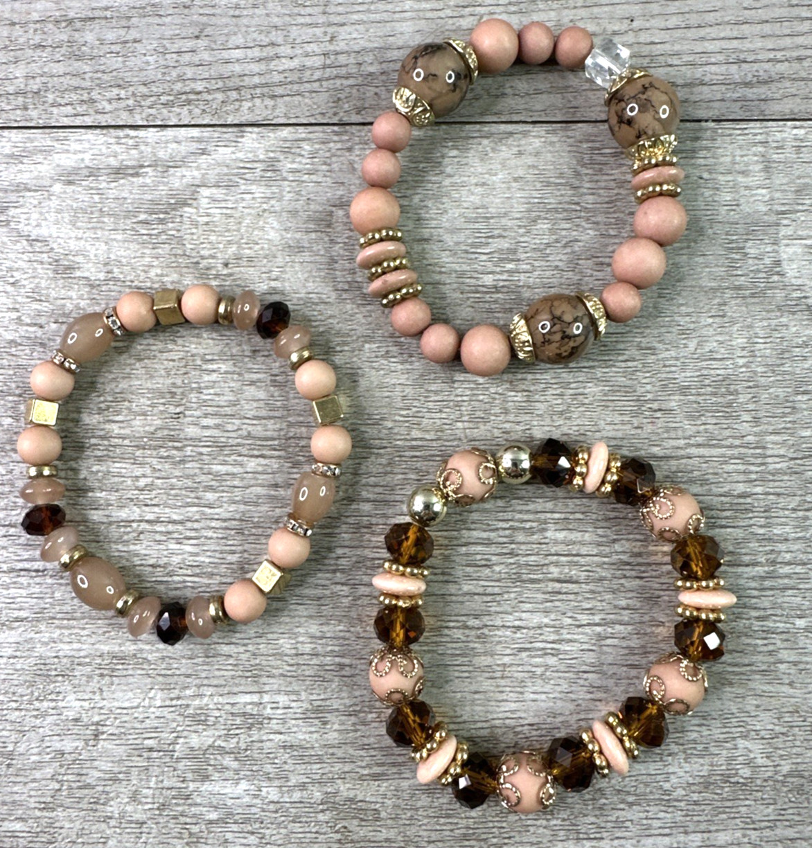 Lot Of 3 Glass/Plastic Bead Stretch Beaded Bracelets Muted Pink & Browns